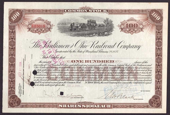 The Baltimore and Ohio (B&O) Railroad Company Stock Certificate 1904