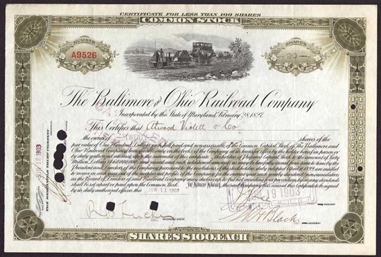 The Baltimore and Ohio (B&O) Railroad Company Stock Certificate 1903