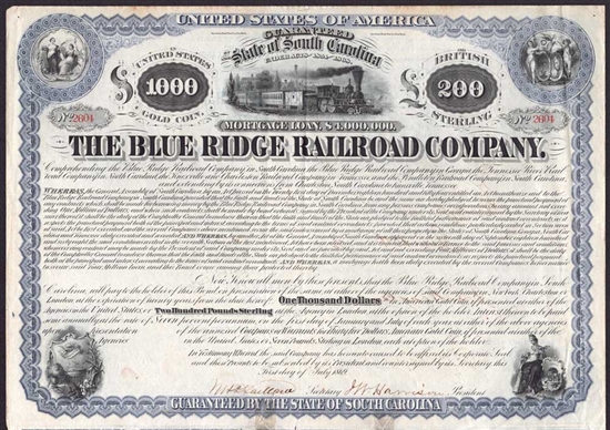The Blue Ridge Railroad Company Gold Bond  - Signed by Henry Clews