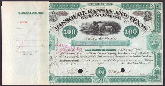 1887 Missouri Kansas and Texas Railway Company Stock Certificate