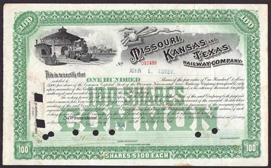 1904 Missouri Kansas and Texas Railway Co. Stock Certificate