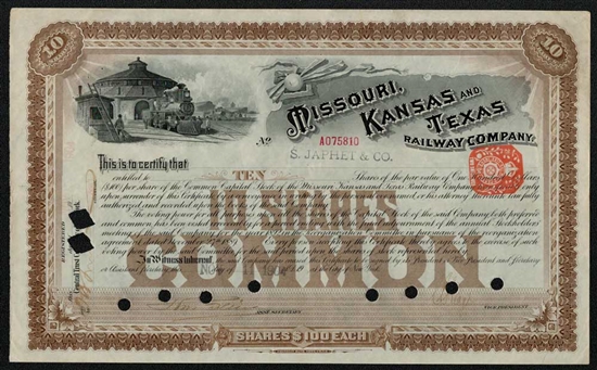 1904 Missouri Kansas and Texas Railway Co. Stock Certificate