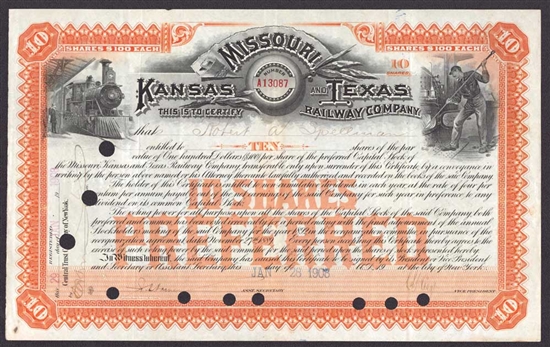 1908  Missouri Kansas and Texas Railway Co. Stock Certificate
