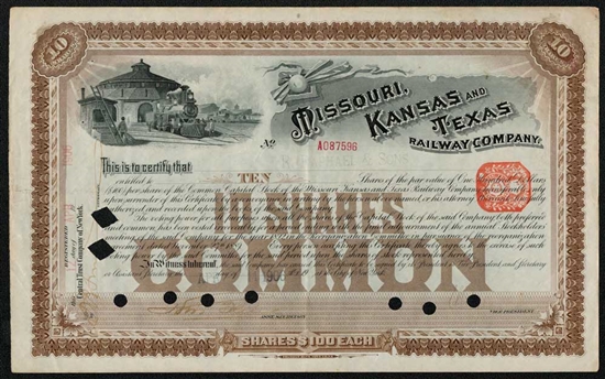 1906 Missouri Kansas and Texas Railway Company Stock Certificate