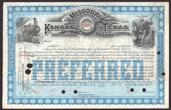 Missouri Kansas and Texas Railway Co Stock Certificate - 1907