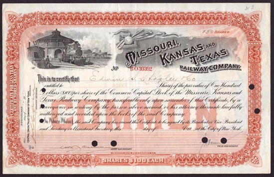 Missouri Kansas and Texas Railway Company Stock Certificate