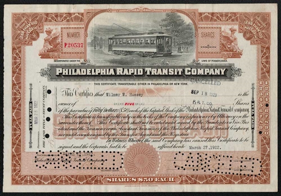 Philadelphia Rapid Transit Company Stock Certificate 1920s