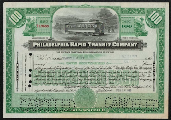 Philadelphia Rapid Transit Company Stock Certificate 1923