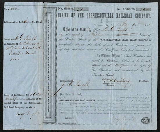 1853 The Jeffersonville Railroad Company Stock Certificate