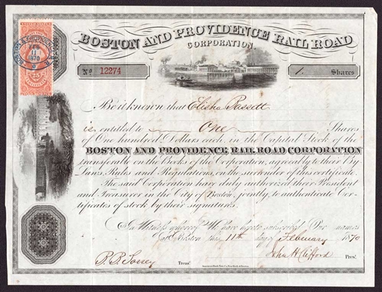 1870 Boston and Providence Railroad Stock Certificate