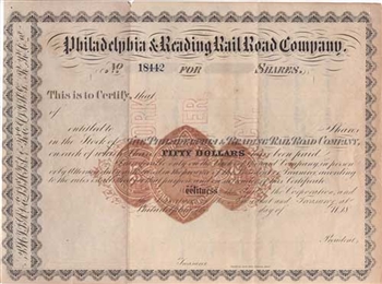 1800s The Philadelphia & Reading Railroad Company  Stock Certificate