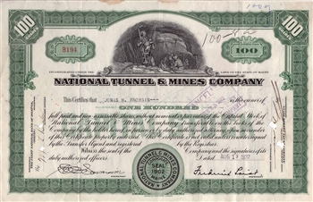 1937 National Tunnel & Mines Company Stock Certificate