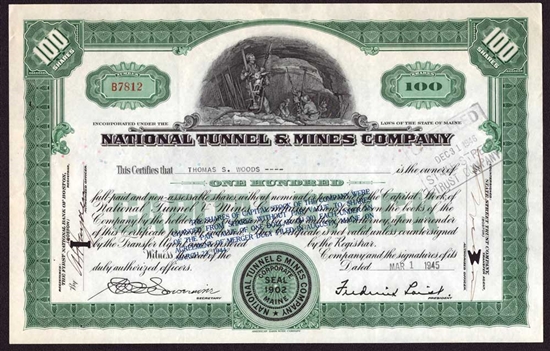 1945 National Tunnel & Mines Company Stock Certificate