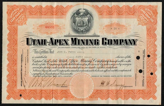 1937 Utah-Apex Mining Company Stock Certificate