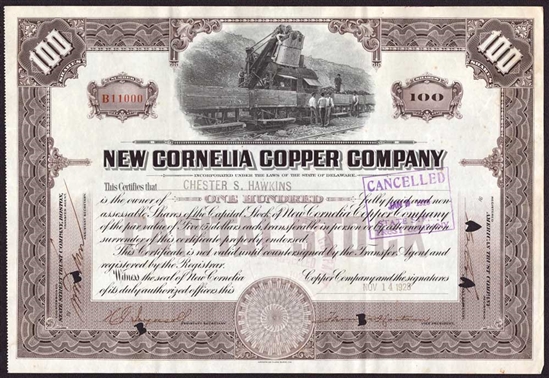 New Cornelia Copper Company Stock Certificate