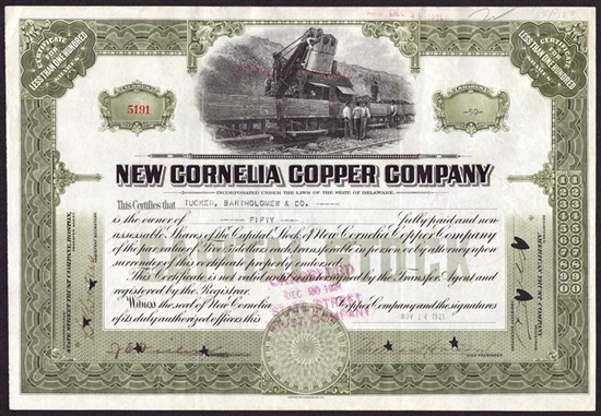 New Cornelia Copper Company Stock Certificate