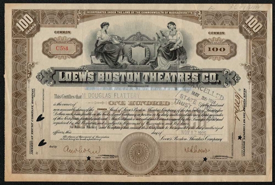 1925 Loew's Boston Theatres Co. Stock Certificate