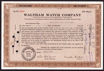 Waltham Watch Stock Certificate - Issued to Merrill Lynch - 1955