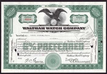 Waltham Watch Company Stock Certificate - 1938
