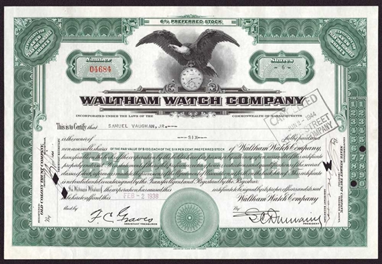 Waltham Watch Company Stock Certificate - 1938