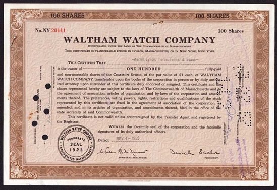 Waltham Watch Stock Certificate - Issued to Merrill Lynch - 1955