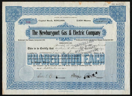 1915 Newburyport Gas & Electric Company Stock Certificate
