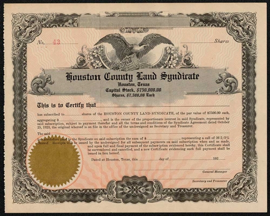 1920s Houston County Land Syndicate Stock Certificate