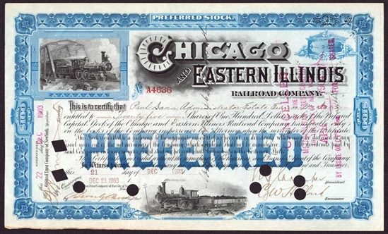 Chicago and Eastern Illinois Railroad Co Stock Certificate