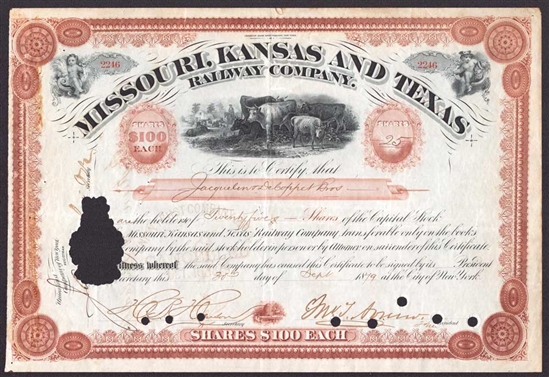 1879 Missouri Kansas and Texas Railway Company Stock Certificate
