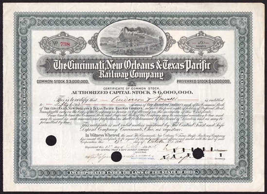 The Cincinnati, New Orleans & Texas Pacific Railway Company Stock Certificate