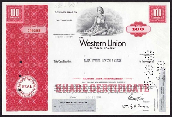 Western Union Telegraph Corporation Stock Certificate