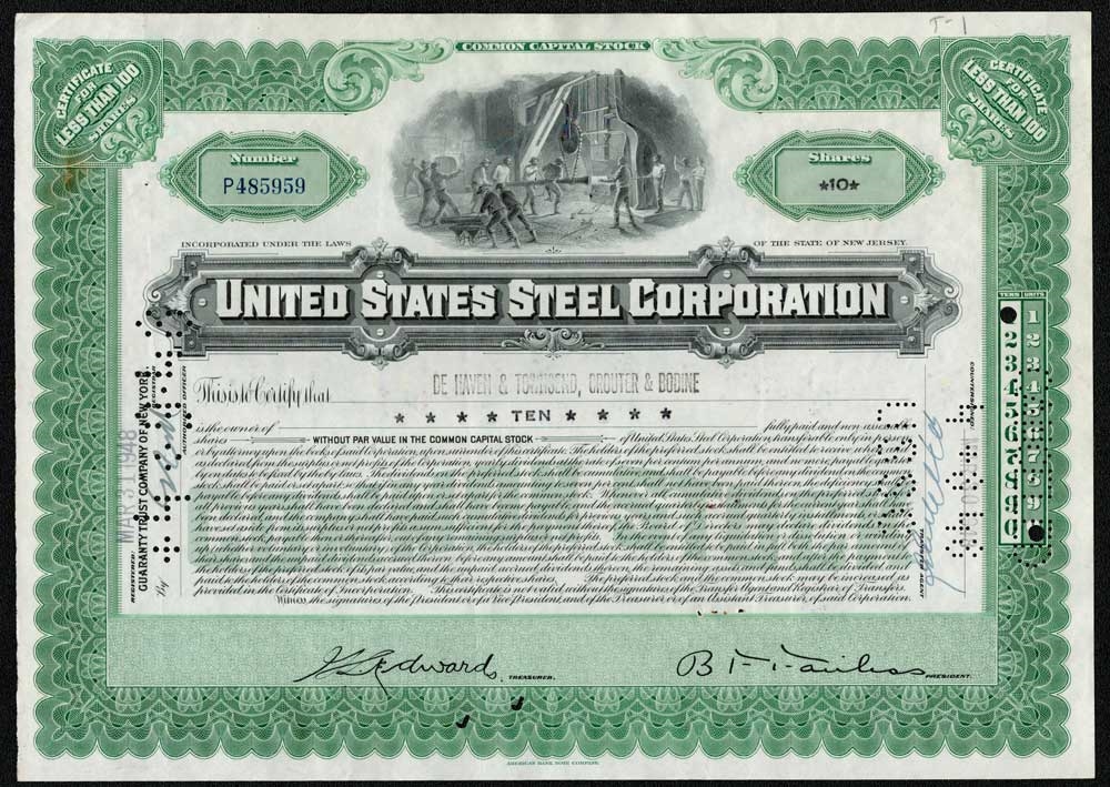 $1,000 Share Certificate US Steel high quality Corporation