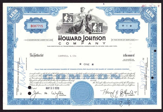 Howard Johnson Company Stock Certificate