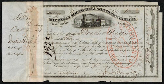 1850 Michigan Southern & Northern Indiana Railroad Company Stock Certificate