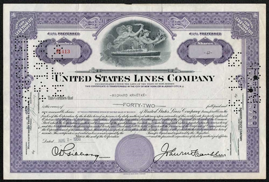 United States Lines Company Stock Certificate - 1950