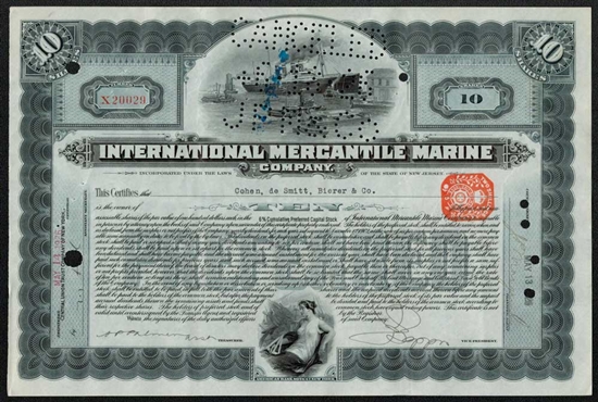 International Mercantile Marine Stock Certificate - early 10 Shares