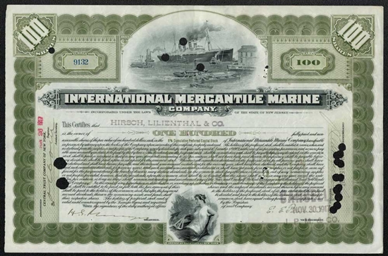 International Mercantile Marine Stock Certificate - early 100 Share