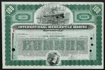 International Mercantile Marine Stock Certificate - Green 100 Shares