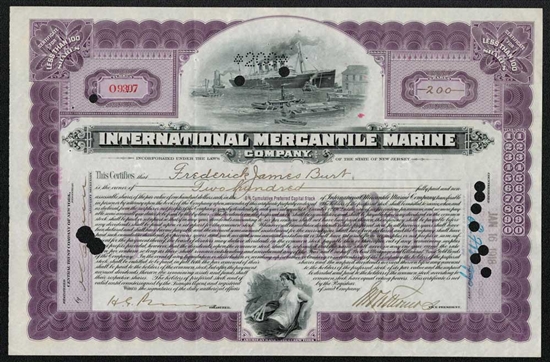 International Mercantile Marine Stock Certificate - Purple