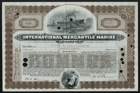 International Mercantile Marine Stock Certificate - <100 Shares