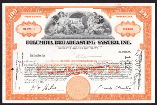 Columbia Broadcasting Systems Inc. (CBS) Stock Certificate