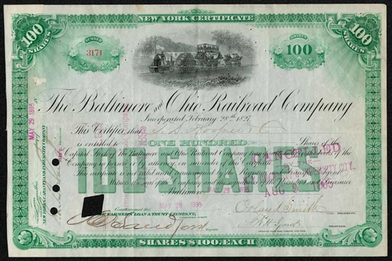 The Baltimore and Ohio (B&O) Railroad Company Stock Certificate 1895