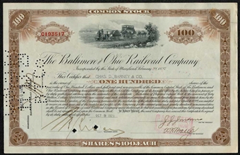 Baltimore and Ohio (B&O) Railroad Stock Certificate - Issued to Chas D Barney Co