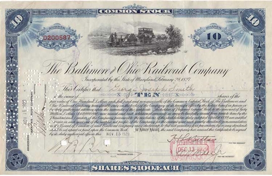 The Baltimore and Ohio (B&O) Railroad Co Stock - 1920s