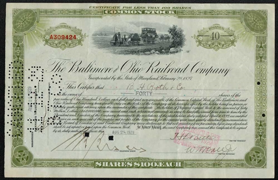 The Baltimore and Ohio (B&O) Railroad Co Stock - 1920s-30s