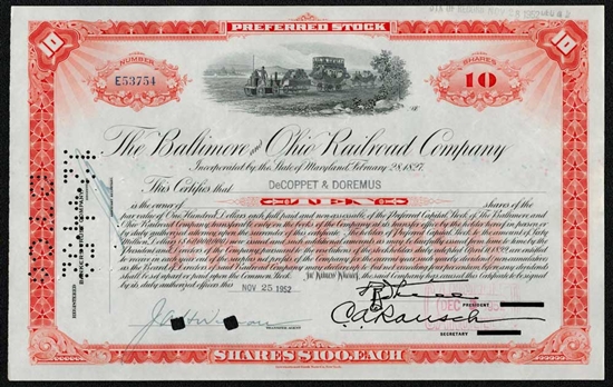 The Baltimore and Ohio (B&O) Railroad Co Stock Certificate