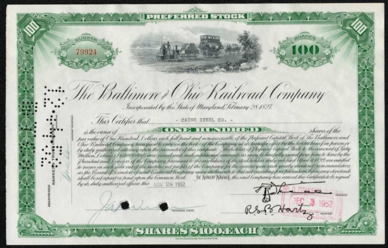 The Baltimore and Ohio (B&O) Railroad Co Stock Certificate