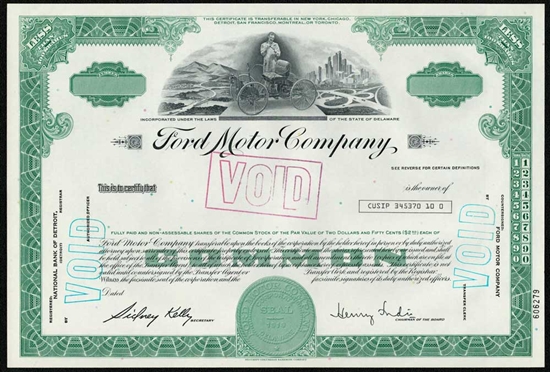 Ford Motor Company Stock Certificate  - Unissued 1970s