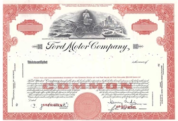 Ford Motor Company Specimen Stock Certificate with Henry Ford