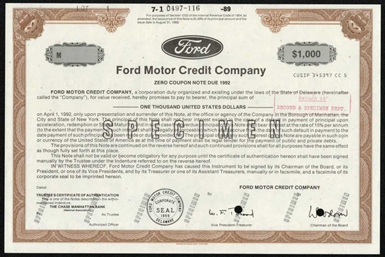 Ford Motor Credit Company Specimen Note Certificate